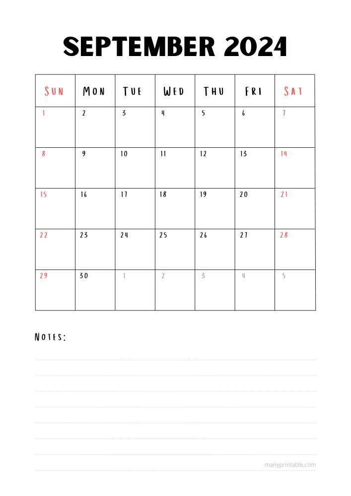 Vertical 2024 September calendar with notes