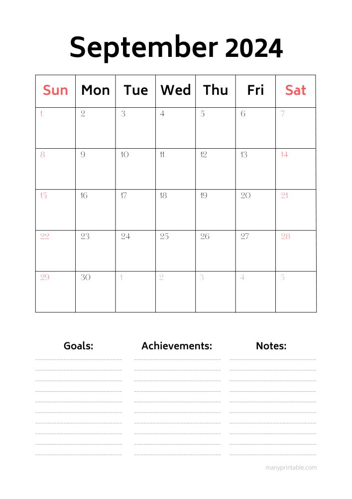 Simple 2024 September calendar for notes