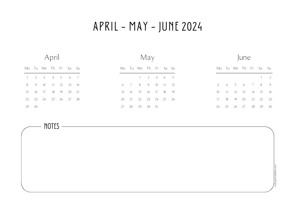 Printable April-May-June 2024 calendar with space for notes