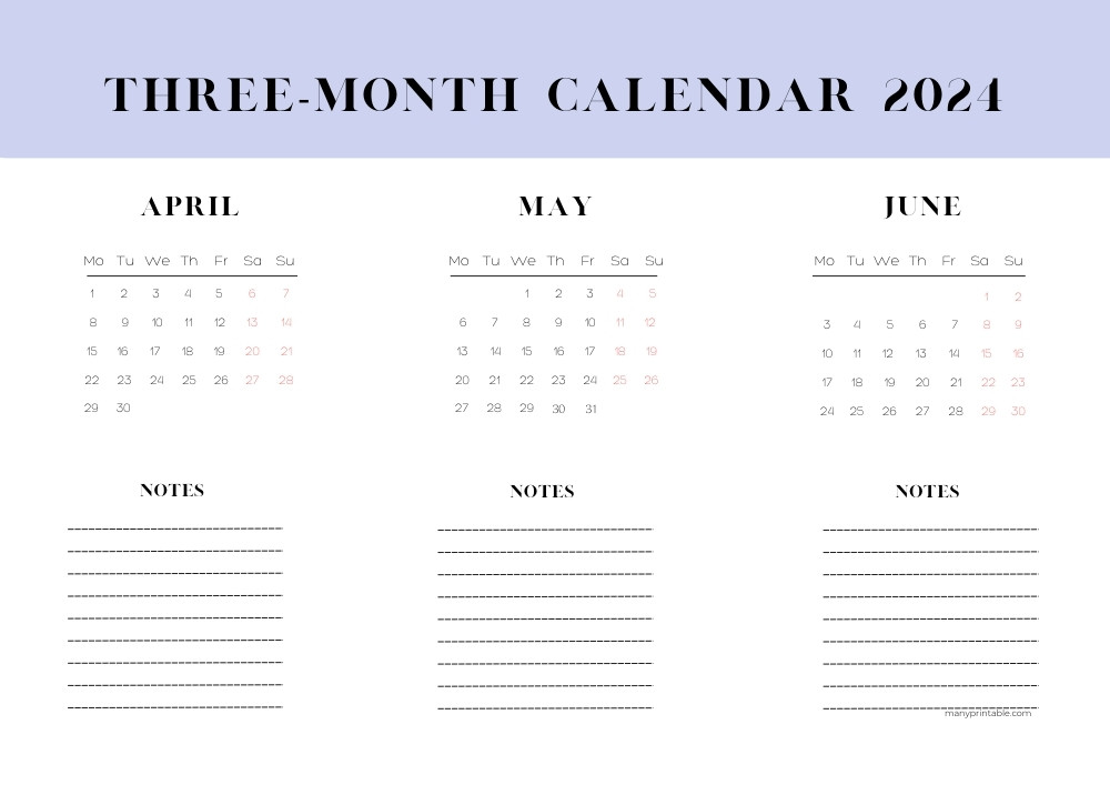 Bold April-May-June 2024 calendar for printing with space for notes