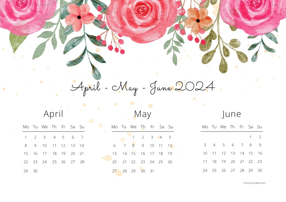 Printable April-May-June 2024 calendar with floral design