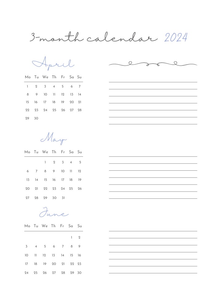 Cursive April-May-June 2024 calendar with space for notes