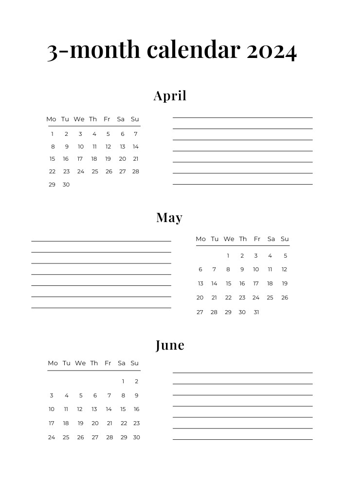 Simple printable April-May-June 2024 calendar with space for notes