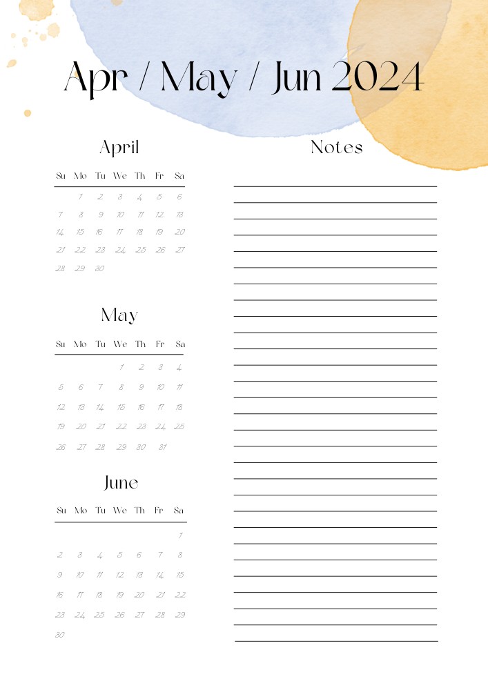 Elegant April-May-June printable 2024 calendar with space for notes